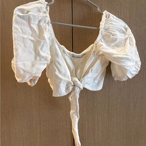 Abercrombie & Fitch Cream Tie-Front Puff Sleeve Crop Top